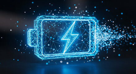Obraz premium Digital battery icon with glowing lightning bolt symbolizing energy and power, representing technology and innovation