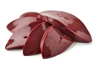 Sliced raw liver pieces on white background for culinary or health related uses  meat slices
