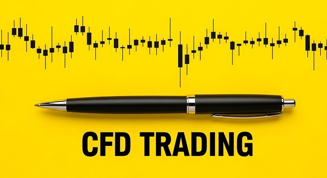 Financial chart and a black pen highlighting CFD trading on a yellow background.
