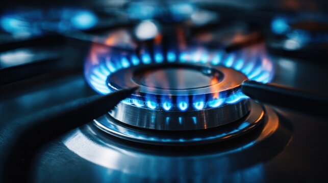 A stovetop burner shows vivid blue flames ignited, reflecting heat on the stainless-steel surface in a kitchen atmosphere with cinematic lighting