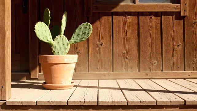 Potted Prickly Pear Cactus on Wooden Porch in Warm Sunlight.