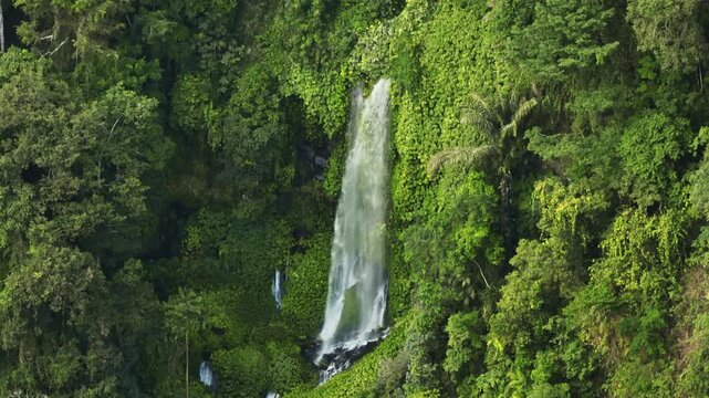 Sendang Gile Waterfall cascades down a mossy rock face, surrounded by dense, vibrant green tropical jungle vegetation, showcasing the pristine nature of North Lombok island. Aerial view drone shot