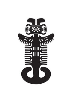 Stylized pre Columbian tribal gold figurine icon with symmetrical geometric design. Ancient symbolic silhouette inspired by indigenous artifact