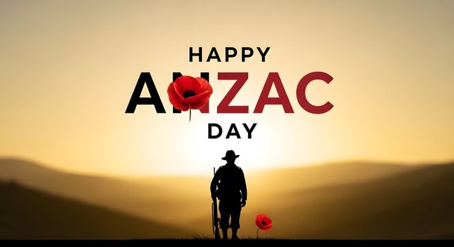 Anzac day commemorative poster with silhouette of a soldier and poppies