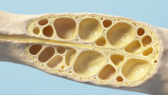 Close-up of porous bone structure showing trabecular network, indicative of osteoporosis with reduced density and fragility.