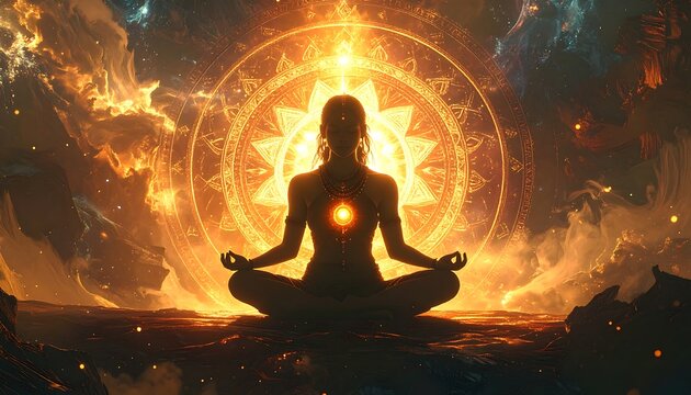 A person meditates in lotus position before a glowing mandala (2)