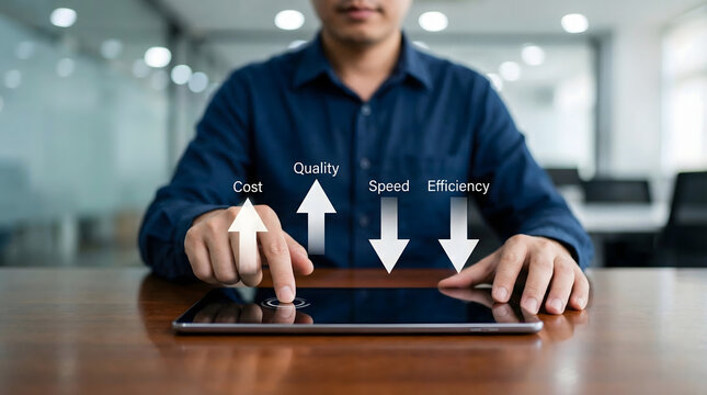 Businessman touching tablet screen displaying business optimization concepts like cost qua