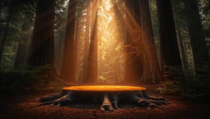 Obraz premium Sunlight Illuminates Tree Stump in Enchanted Forest Setting