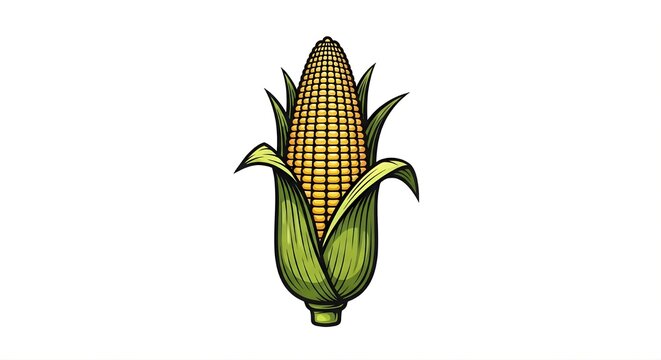 Vector illustration of a fresh yellow corn on the cob with green husks, isolated on a white background. Hand-drawn style with bold outlines, perfect for food, agriculture, and harvest-themed designs.