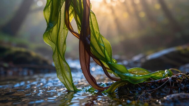 Close-up of intertwined green and brown algae strands in water, backlit by sunlight with soft focus background.
