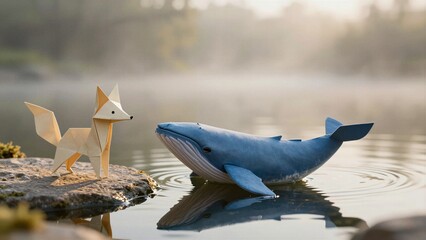 Minimalist origami fox and blue whale face each other on a rock by water, symbolizing creativity and contrast in soft focus.