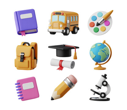 3D School Icons with Backpack Books Globe Pencil and More