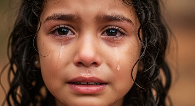 Retrato de uma menina brasileira chorando com l&aacute;grimas, expressando dor, solid&atilde;o e m&aacute;goa por div&oacute;rcio ou abuso