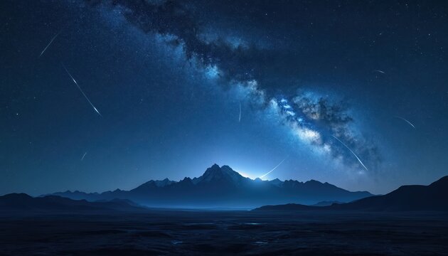 Night sky filled with meteor shower streaks above silhouetted mountain range. Milky Way galaxy is visible with many stars and nebula. Dark landscape below under blue glowing light.