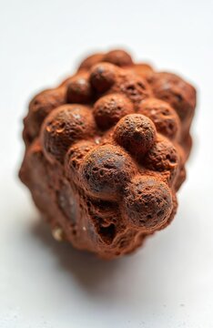 Bauxite mineral with pisolite texture. Reddish brown rounded pebbles form rough surface. Close up view shows porous structure and iron oxide.