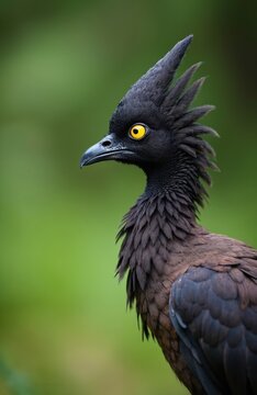Horned screamer bird with striking yellow eye and spiky crest. Wild avian species found in South America wetlands. Unique animal profile shot outdoors.