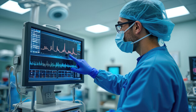 Surgeon in protective gear points at vital signs monitor screen in modern operating room. Medical professional analyzes patient health data on digital display during procedure.