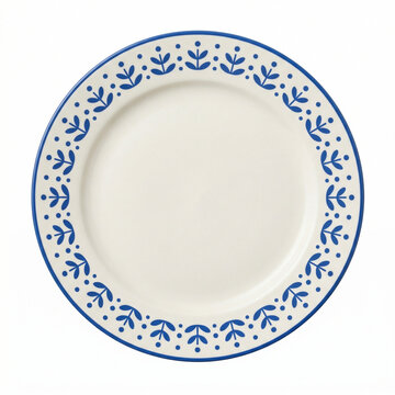 Decorative ceramic plate with blue floral pattern on white background  
