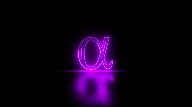 Neon glowing greek alphabet symbol alpha animation on black background. Neon glowing alpha letter text animation. Glowing alpha icon symbol video motion.