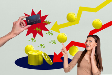Creative full art image collage of inexperienced businesswoman stand arrow decline percent economy...