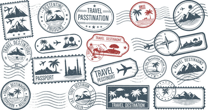 Vintage Travel Stamp Vector Set Featuring Passport Marks Airplane Postmarks Tourist Destination Seals Retro Postal Badges Collection Isolated on White Background