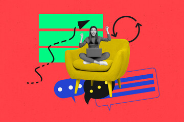 Collage trend artwork sketch poster of young lady sit armchair work remote laptop smile success...