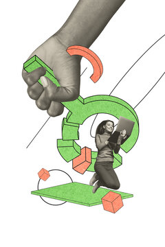 Image trendy art banner collage of happy freelancer businesswoman hold laptop hand magnifier zoom vacancy search jobless