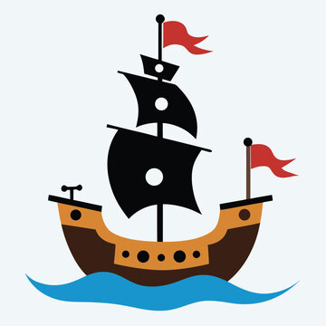 Dramatic black silhouette of a pirate ship with a curved hull, evoking adventure and maritime exploration.