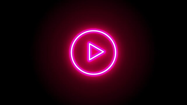 Play button icon. Neon shine play button with neon circle. Glowing a play button on black background. Neon glowing Multimedia icon animation. Play right navigate triangle arrow start button.
