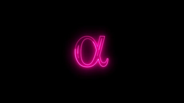 Neon glowing greek alphabet symbol alpha animation on black background. Neon glowing alpha letter text animation. Glowing alpha icon symbol video motion.