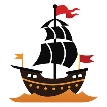 Strong black silhouette of a pirate ship with a curved hull, ideal for themes of treasure and old-world sailing.