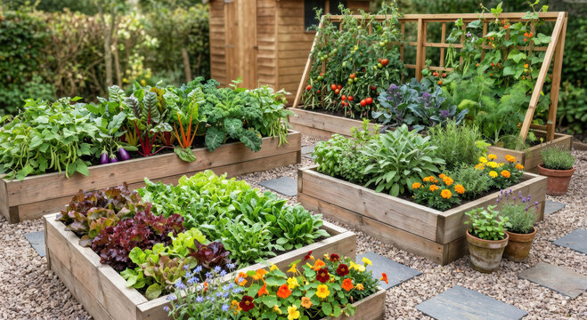 Orto botanico domestico con aiuole rialzate in legno, ortaggi freschi e fiori in giardino. Generative AI
