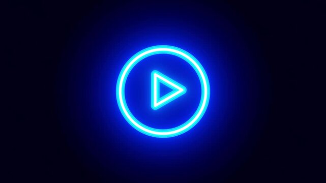Play button icon. Neon shine play button with neon circle. Glowing a play button on black background. Neon glowing Multimedia icon animation. Play right navigate triangle arrow start button.