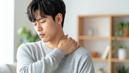 Fototapeta premium Young Asian Adult Suffering from Neck and Shoulder Pain in Modern Indoor Setting