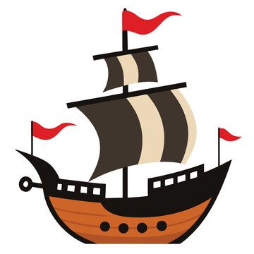 Iconic black silhouette of a pirate ship with a gracefully curved hull, representing maritime themes and adventure.