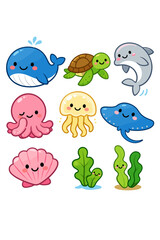 Fototapeta premium Collection of Adorable Pixel Art Aquatic Creatures Including a Whale Dolphin Turtle Octopus Jellyfish Stingray and Shell