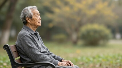 Obraz premium Pensive Senior Man Sitting on Park Bench