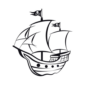 Dynamic black silhouette of a pirate ship with a curved hull, suitable for designs related to sailing and fantasy.