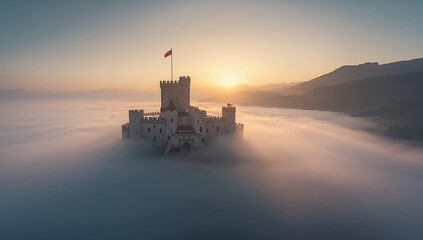 Obraz premium Majestic Castle Surrounded by Mist at Sunrise with Dramatic Sky