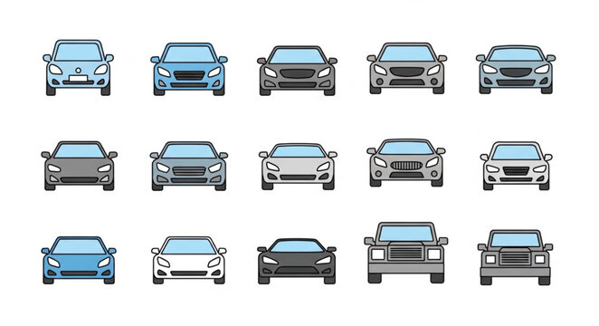 Collection of Front-View Car Illustrations in Various Styles and Colors.