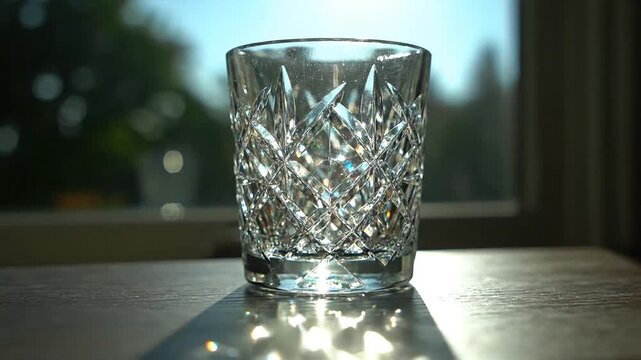 Clear cut crystal glass reflecting light on a table in front of a blurred window