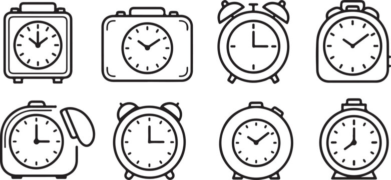 Clock faces with varying designs and styles in circular and square shapes Vector