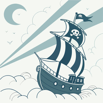 Stylized black silhouette of a pirate ship with a curved hull, perfect for graphic designs about the sea and voyages.
