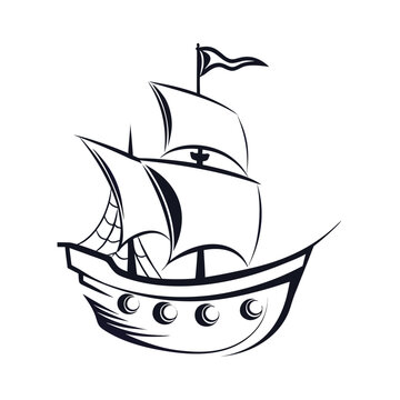 Classic pirate ship silhouette sailing on the ocean at sunset, evoking adventure and exploration.