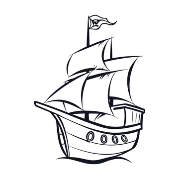 Stylized silhouette of a pirate ship with a distinct curved hull, ready for a grand adventure.