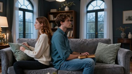 Obraz premium Young man and woman sit back to back on a grey couch, avoiding eye contact in a tense domestic scene. Soft focus.