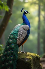 Fototapeta premium Male peacock with vibrant blue neck and green tail feathers stands on mossy rock. Bird displays intricate plumage in forest clearing. Majestic fowl with proud stance.