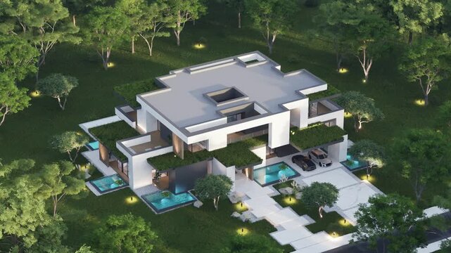 4K video rendering of two-story house with parking and pool for sale or rent with concrete facade and beautiful landscaping Clear summer evening with cozy light from window