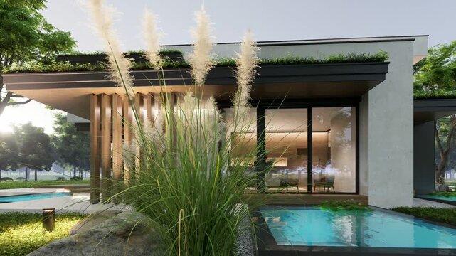 4K video rendering of two-story house with parking and pool for sale or rent with concrete facade and beautiful landscaping Clear summer evening with cozy light from window