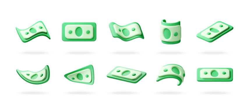 Set of 3D green paper banknote icons in various shapes and positions. Rendered currency collection for financial concept, business investment, wealth, cash saving and economy. Vector illustration